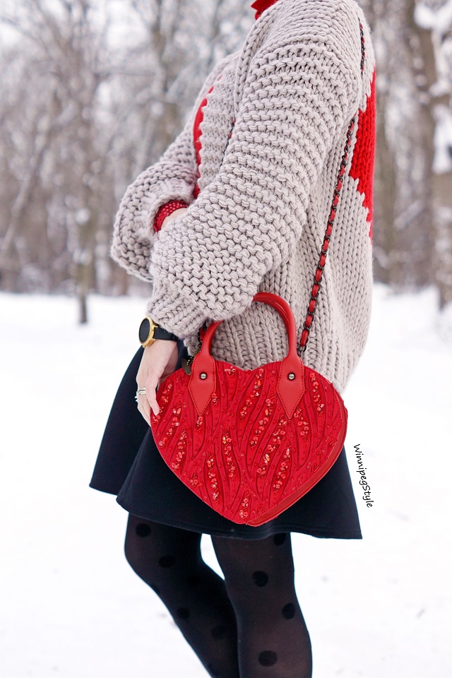 Winnipeg Style, Chicwish red heart knitted cardigan, Mary Frances beaded red heart handbag purse, River Island neoprene black skater skirt, Canadian fashion blog